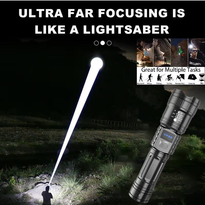 🔦High-Power Rechargeable Flashlight with Power Bank, Zoomable Beam & Digital Battery Display
