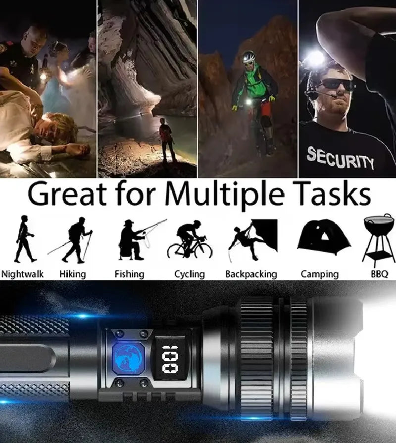 🔦High-Power Rechargeable Flashlight with Power Bank, Zoomable Beam & Digital Battery Display