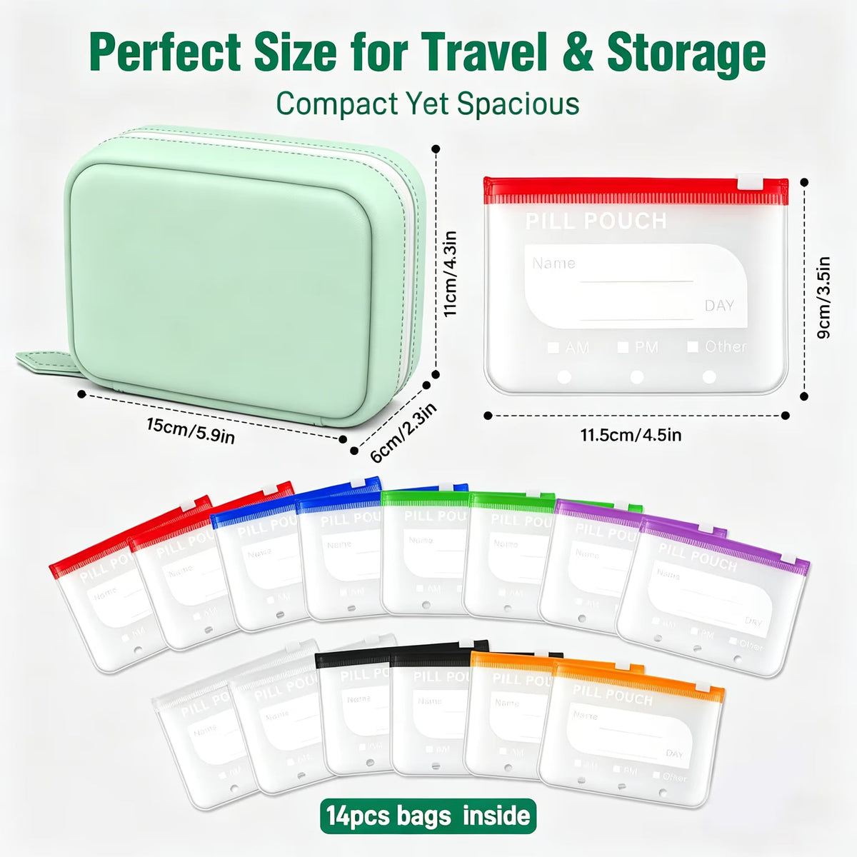A8 Waterproof 14-Pouch Weekly Pill Organizer, Color-Coded Travel Storage for Vitamins & Supplements
