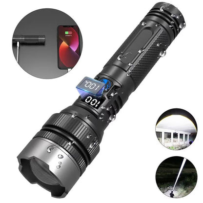 🔦High-Power Rechargeable Flashlight with Power Bank, Zoomable Beam & Digital Battery Display