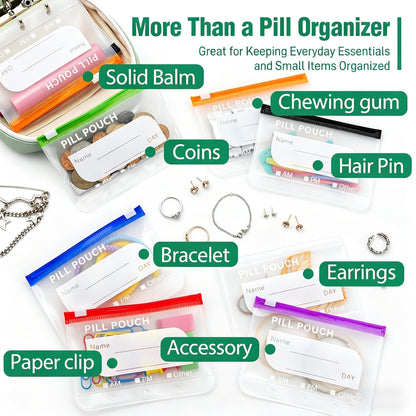 A8 Waterproof 14-Pouch Weekly Pill Organizer, Color-Coded Travel Storage for Vitamins & Supplements