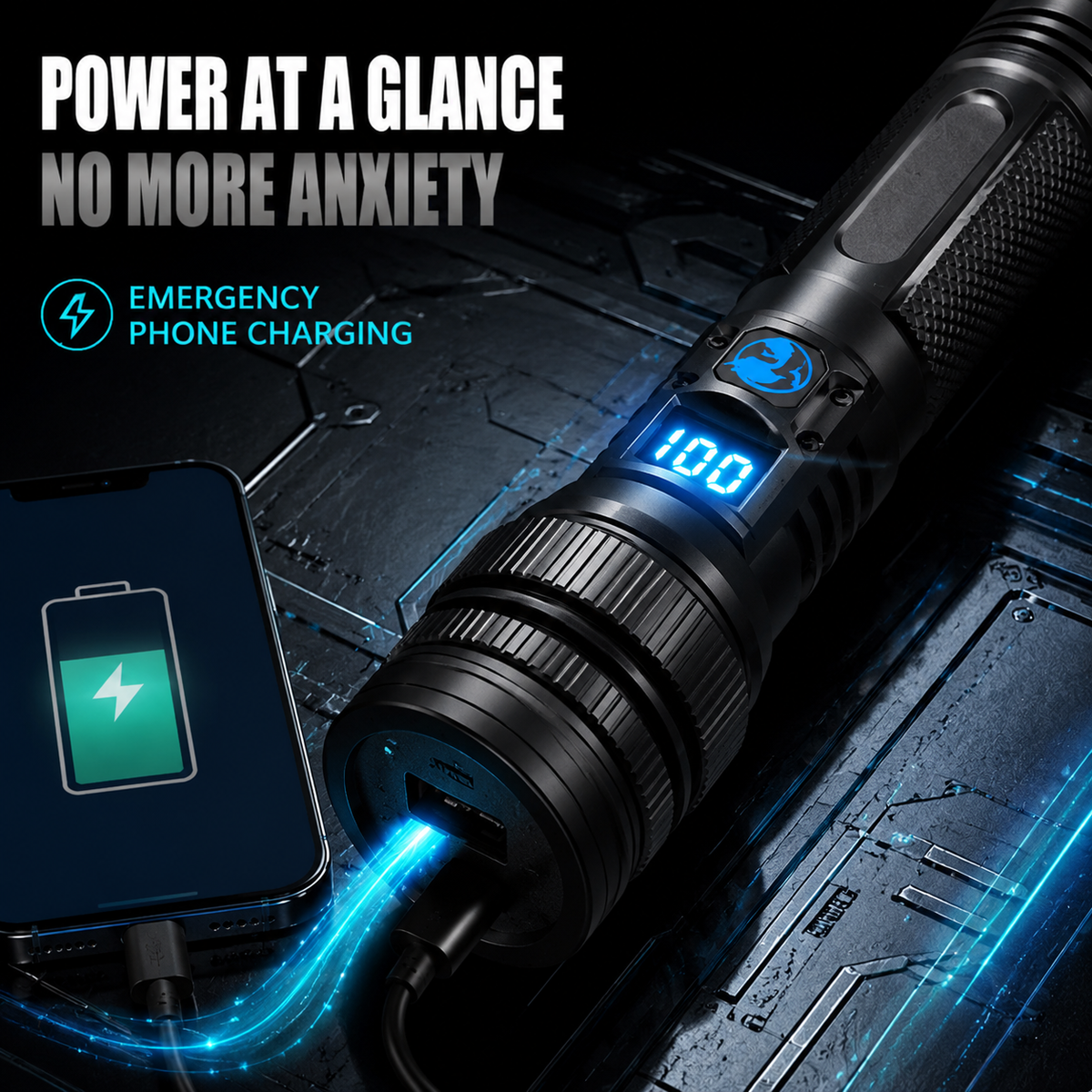 🔦High-Power Rechargeable Flashlight with Power Bank, Zoomable Beam & Digital Battery Display
