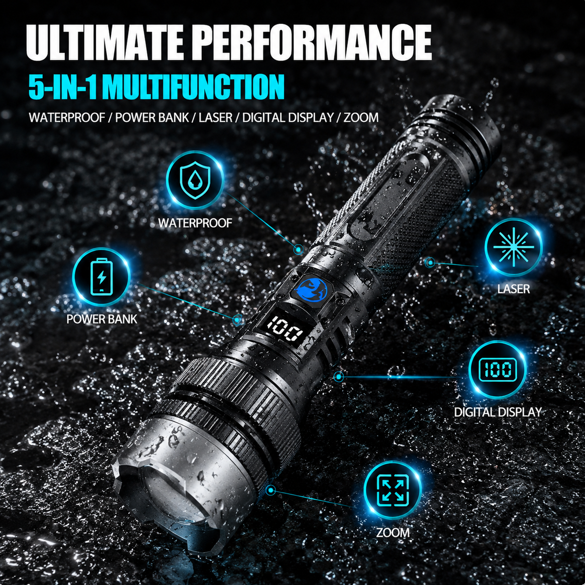 🔦High-Power Rechargeable Flashlight with Power Bank, Zoomable Beam & Digital Battery Display