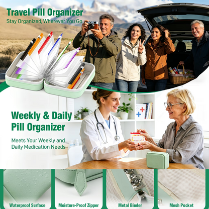 A8 Waterproof 14-Pouch Weekly Pill Organizer, Color-Coded Travel Storage for Vitamins & Supplements