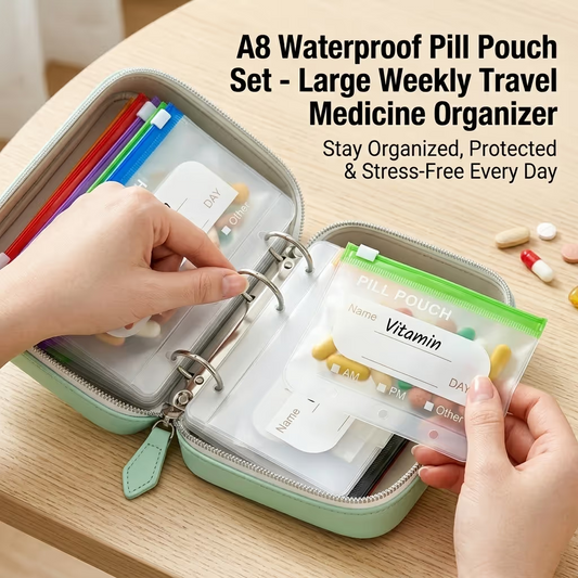 A8 Waterproof 14-Pouch Weekly Pill Organizer, Color-Coded Travel Storage for Vitamins & Supplements